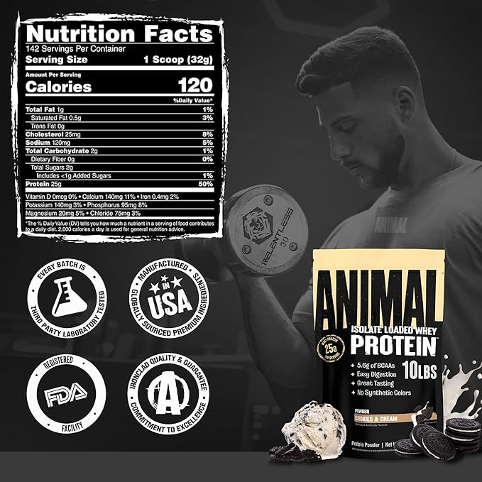 Animal Whey Isolate Protein Powder - Loaded for Pre & Post Workout Muscle Builder and Recovery with Digestive Enzymes for Men & Women - 25g Protein, Great Taste, Low Sugar - Cookies & Cream 10 lbs