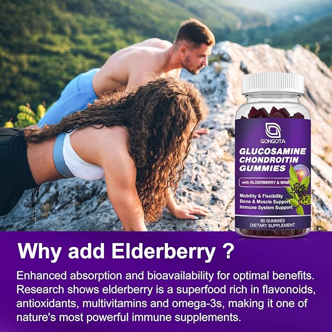 Glucosamine Chondroitin Gummies - 2- Pack, Extra Strength 1500mg Glucosamine with MSM & Elderberry, Flexibility Support, Best Cartilage & Immune Support Supplement for Men and Wome - 180 Gummies