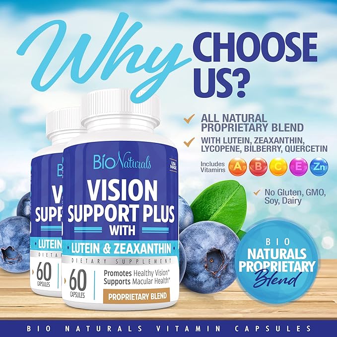 Bio Naturals Eye Vitamin Supplement with Lutein, Zeaxanthin, Lycopene, Bilberry, Quercetin & More - All Natural Proprietary Blend Supports Vision & Macular Health - 60 Veggie Capsules