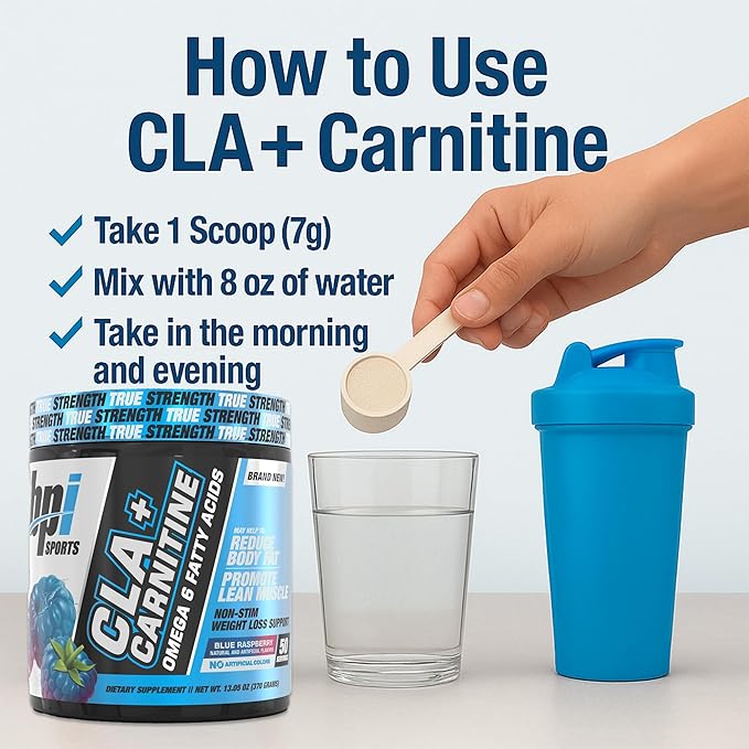BPI Sports CLA+Carnitine – CLA L Carnitine & Linoleic Acid – L Carnitine Supplement for Weight Loss, Metabolism & Lean Muscle – Caffeine Free – Blue Raspberry – 50 Servings – 12.34 oz