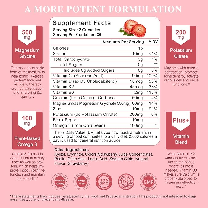 Magnesium Potassium Supplement Gummies - New Formula Calm Magnesium Glycinate Gummies & Potassium Citrate 200 mg Plus Omega 3, B6, D3, K2 & Calcium for Zzz, Leg Cramps & Muscle - 120 Count
