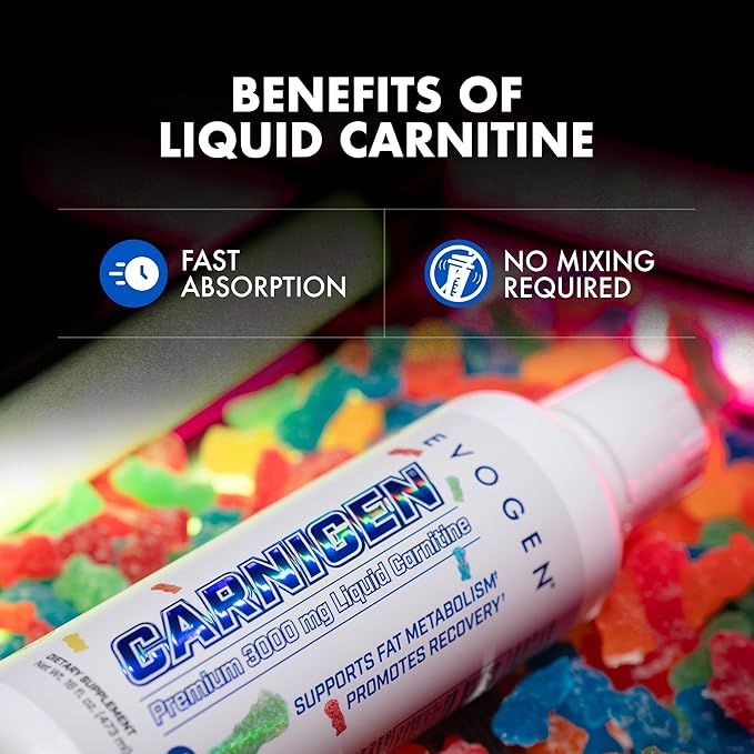 Evogen Carnigen Premium L Carnitine Liquid – L Carnitine 3000 Supplement | L Carnitine Supplement for Fat Metabolism & Recovery | Acetyl L-Carnitine | Caffeine Free | Sour Gummies | 31 Servings