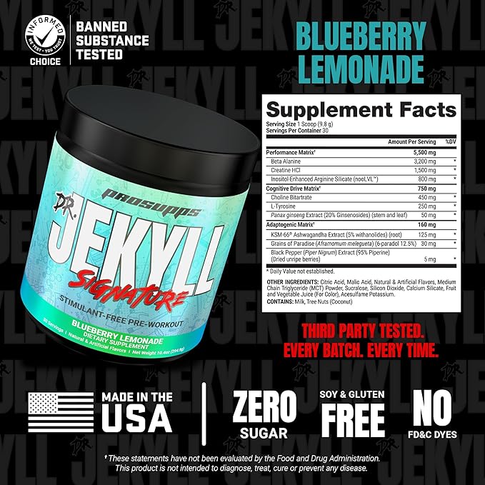PROSUPPS Dr. Jekyll Signature Pre Workout Powder with Creatine - Stim-Free Preworkout Supports Focus & Endurance - Caffeine-Free Gym & Fitness Supplements (Blueberry Lemonade, 30 Servings)