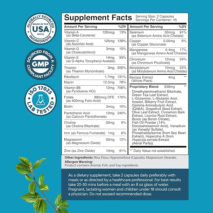 Nootropic Brain Supplement for Memory and Focus Support - Vitamins for Mental Health & Clarity with Bacopa Monnieri, VIT A, B6, Riboflavin, Niacin, Thiamin & Folate - Cognitive Complex - 90 Ct