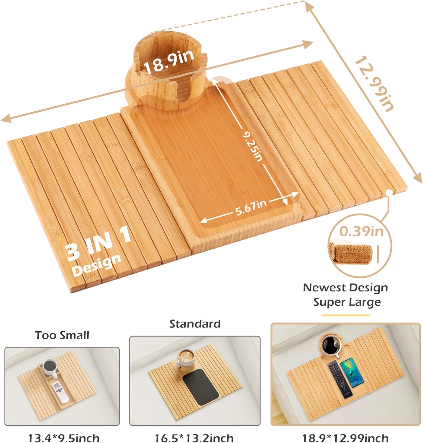 Couch Cup Holder Tray, 3 in 1 Couch Arm Trays,Large Bamboo Chair Arm Rest Tray with 360° Cup Holder,Removable Anti-Slip Organizer for Snack Eating
