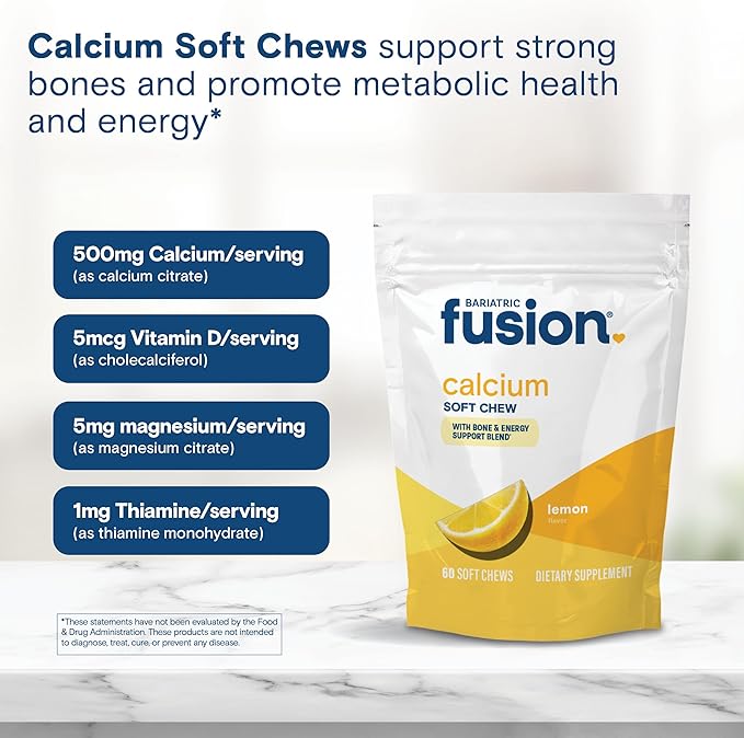 Bariatric Fusion Bariatric Calcium Supplement Chews | Calcium Citrate with Vitamin D3 Bariatric Vitamin | Sugar Free Chewable | 500mg | Lemon | 60 Count