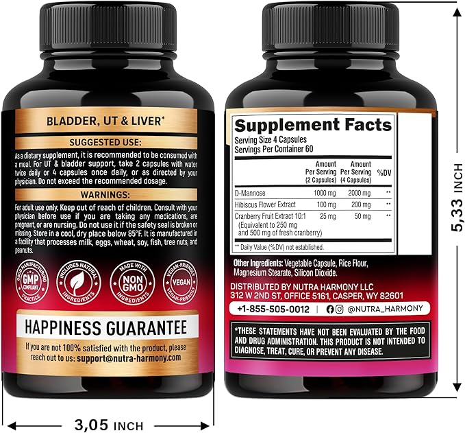D-Mannose 2000mg with Cranberry & Hibiscus - Clinically Tested Strength for Urinary Tract Health - Supplement for Women - Bladder, Liver & Microflora Support - Made in USA - Vegan, 240 Capsules