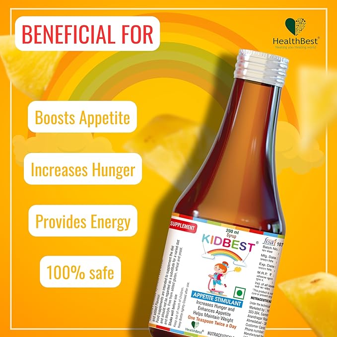 Kidbest Appetite Booster for Kids 3-13 Yrs with 20+ Nutrients, L-Lysine & B Vitamins Syrup, Helps Healthy Weight Gain, Pineapple Flavor, Increases Hunger, Appetite Stimulant, 200ml