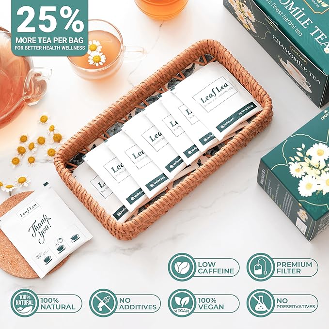 LeafLea Chamomile and Black Tea Blend, Chamomile Tea Bags, Black Tea & Pure Camomile Flowers, Manzanilla Tea Bags Stress Relief, Vegan, Supports Digestion, Ideal Wellness Gift Box | 80 Bags