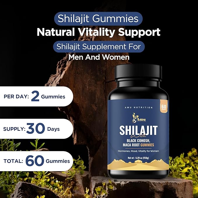Shilajit Gummies for Men & Women with Maca Root & Black Cohosh (60 Count (Pack of 1), Maca Root & Black Cohosh)