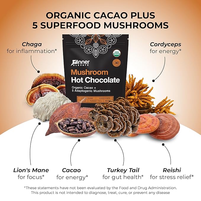 Organic Mushroom Hot Chocolate - Ceremonial Cacao with 5 Mushrooms (Lion's Mane, Cordyceps, Chaga, Reishi, Turkey Tail) - Great as a Coffee Alternative, Hot Chocolate, or Smoothie (30 Servings)