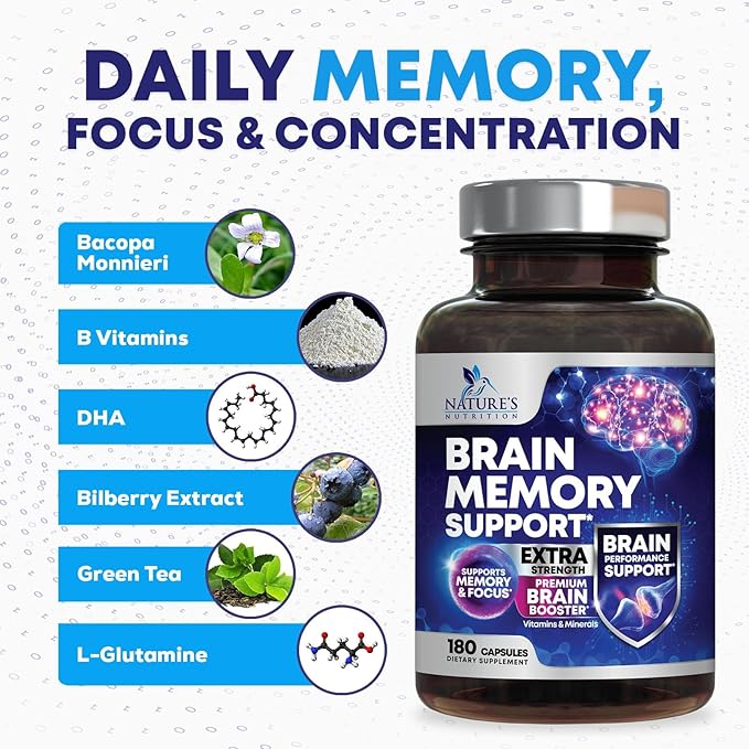 Brain Memory Supplement Pills - Nootropics Support for Concentration, Clarity, Alertness & Focus - Brain Health with Bacopa, Cognitive Vitamins, Phosphatidylserine, DMAE - Brain Booster - 180 Capsules