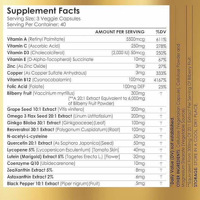 Eye Vitamins with Bilberry Equivalent to 6000mg Lutein and Zeaxanthin Supplements Lycopene Resveratrol Grape Seed Astaxanthin for Eyes - Eye Care Health and Mineral Supplement 120 Count