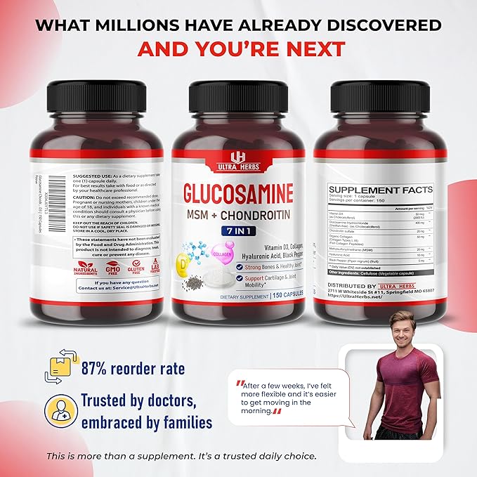 Glucosamine Chondroitin MSM - Joint Mobility Support Supplement Enhanced with Collagen, Hyaluronic Acid, Vitamin D3 | 150 Capsules