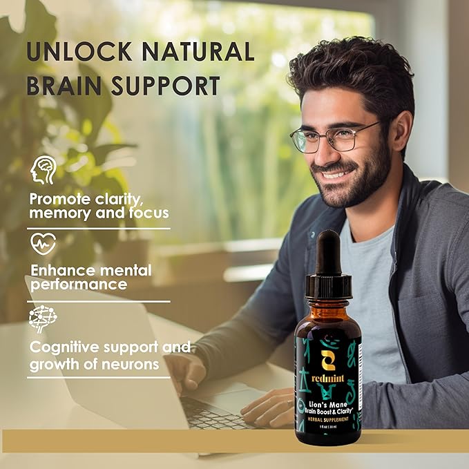 Redmint Lion's Mane Mushroom Extract with Ginkgo Leaf & Ginseng and More - Brain Boost & Clarity Herbal Tincture - Rooted in Ancient TCM Wisdom - Organic Immune Support Mushroom Supplement - 1 fl oz
