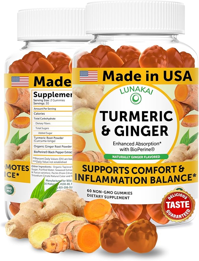 Lunakai USA Made Turmeric Gummies with Ginger & BioPerine – High Absorption Turmeric and Ginger Supplement for Inflammation, Joint & Immune Support, 60ct