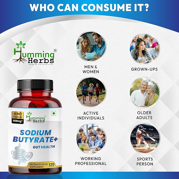 Sodium Butyrate 1100mg per Serving – 120 Capsules with– L-Glutamine, Prebiotic Inulin, Probiotic Blend
