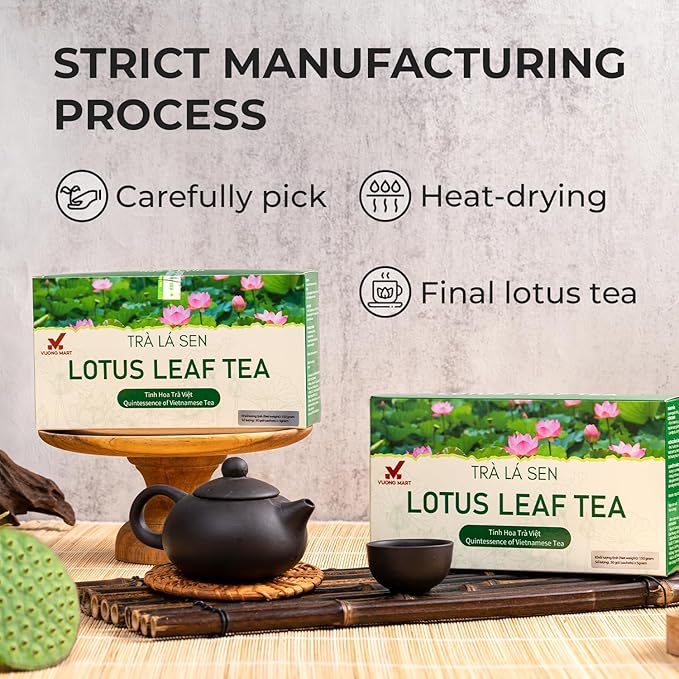 VUONGMART Dried Lotus Leaf Tea, 100% Hand Pick, Stevia, Jiaogulan, Jasmine, Organic Herbal Tea, 30 Tea Bags, Gluten Free, Dairy Free, Sugar Free & Natural, Energy Boost & Health Support