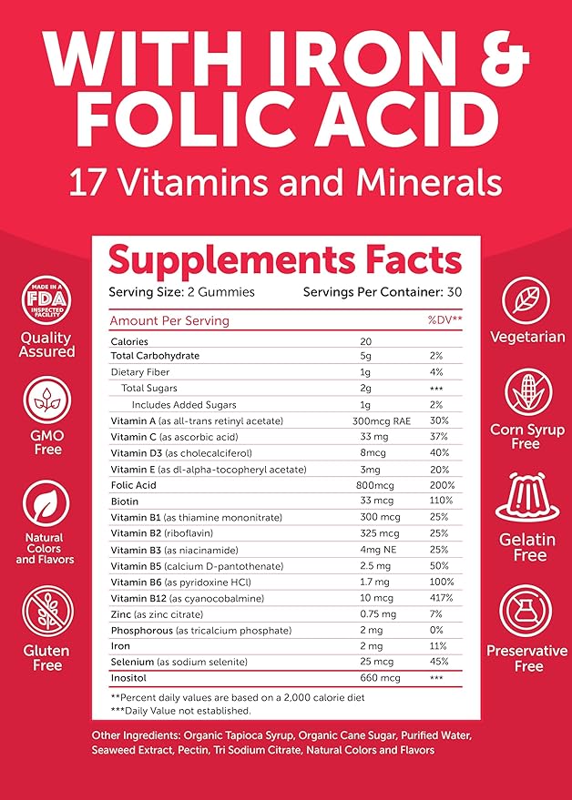 Lunakai USA Made Prenatal Vitamins with Iron & Folic Acid - Delicious Pregnancy Multivitamin Gummies for Women, 60 Count