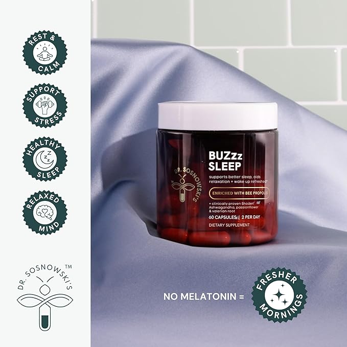 Dr Sosnowski's BUZzz Sleep Night Complex+ with Bee Propolis Triple Action Sleep Formula for Calmer Nights and Refreshing Mornings, Vegetable Capsules, 60ct