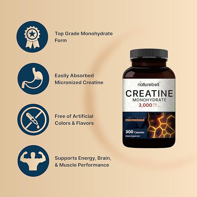 Creatine Monohydrate Capsules 3,000mg Per Serving, 300 Count | Micronized, Unflavored Creatine Pills | Pre-Workout & Muscle Strength Support | Easy to Swallow, Filler-Free | 50 Servings