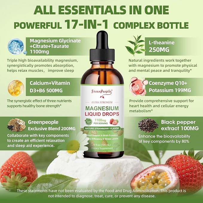 Magnesium Glycinate Liquid Drop - 17-in-1 Triple Absorption Magnesium Supplement with Magnesium Glycinate 400mg & Citrate 500mg for Muscle & Sleep,4 fl. oz Strawberry Flavor-2 Pack