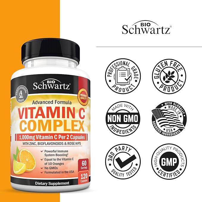 BioSchwartz Vitamin C Complex Supplement - Vitamin C 1000mg Capsules with Rose HIPS Zinc and Citrus Bioflavonoids for Immune Health, Cellular Energy, Collagen Production, 120 Count (60 Day Supply)