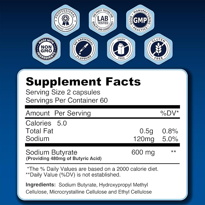 LongJuvity Sodium Butyrate Supplement (300mg) - Naturally Sourced Postbiotic - Optimal Gut Health & Leaky Gut Repair - Postbiotic Short Chain Fatty Acid, Lab Tested (120 Extended Release Caps)