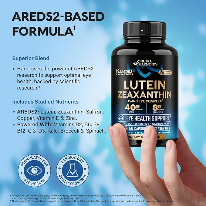 Eye Vitamins - Lutein and Zeaxanthin Supplements - AREDS2 Based Supplement for Seniors & Adults - Eye Health & Vision Support - Saffron, Zinc, Vitamins, Copper, Super Greens - Made in USA, 60 Capsules