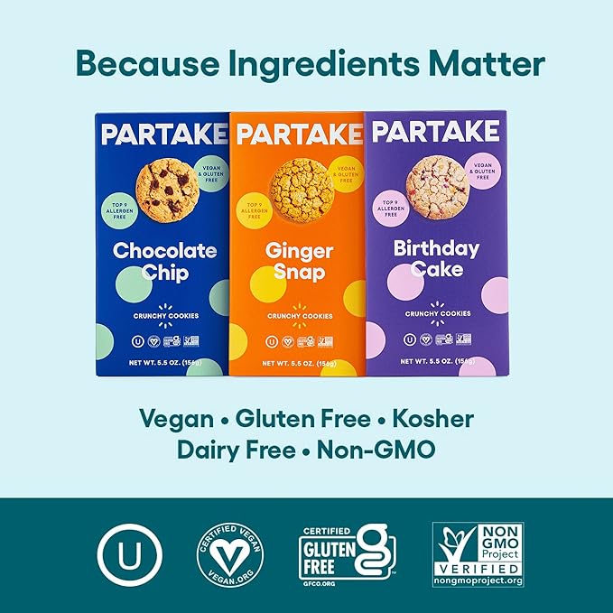Partake Gluten Free Crunchy Cookies Variety Pack (Chocolate Chip, Ginger Snap, Classic Graham Cracker) - Vegan - Free From the Top 9 Allergens Including Dairy, Wheat, Soy, Eggs, & Peanuts - Non GMO - Safe School & Office Snack (3 Pack, 5.5oz Boxes)