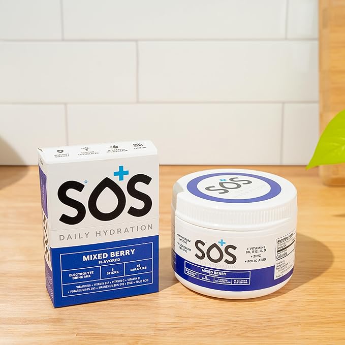 SOS Hydration Electrolyte Powder 8 Stick Packs – Low-Calorie, Rapid Rehydration, Made in USA, Keto (8 Servings, Mixed Berry)