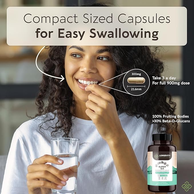 Longevity Botanicals Super Six Organic Mushroom Blend Capsules (90) | Reishi, Lion’s Mane, Chaga, Cordyceps, Tremella, Turkey Tail | Concentrated 10:1 Extract | 100% Fruiting Bodies | Mushroom Complex