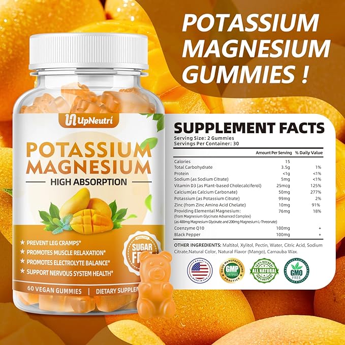 Potassium Magnesium Supplement for Adults Kids, Sugar-Free Potassium Gummies Supports Leg Cramps & Muscle & Immune Health, Non-GMO Vegan Magnesium Glycinate Gummies Mango Flavor 120 Count