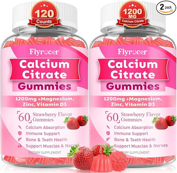 1200mg Calcium Citrate Gummies - Chewable Calcium Gummies for Bone, Muscle, Teeth, Immune Support, High Absorption Calcium Supplements for Women & Men Sugar Free Strawberry Flavor 120 Count