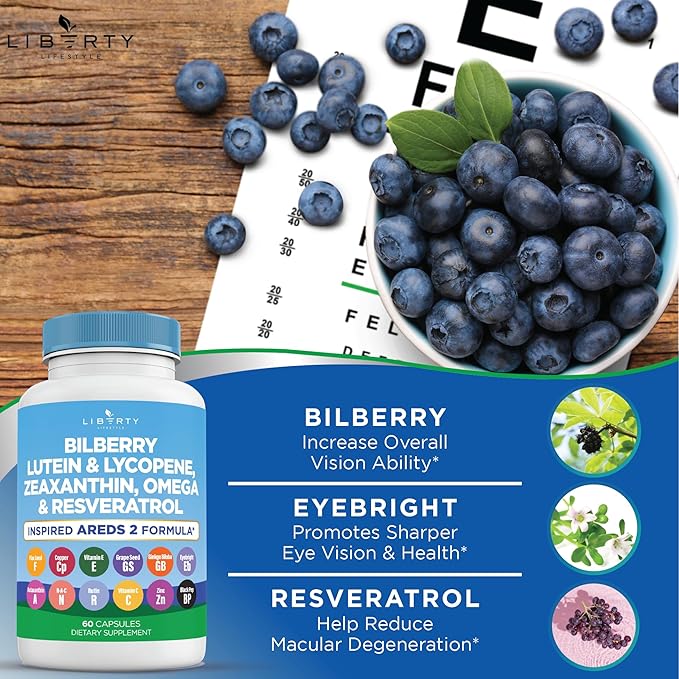 Eye Health Vitamins with Bilberry, Lutein & Zeaxanthin, Lycopene, Resveratrol, Grape Seed Extract Flaxseed Astaxanthin- AREDS 2-180 Capsules