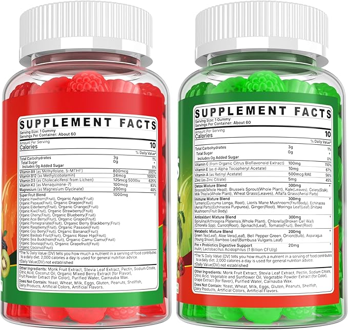 Superfood Fruits and Veggies Gummies w/Spirulina, Chlorella, Kale, Mushrooms, Prebiotics, Multi-Vitamins, 50+Greens, Fruit and Vegetable to Boost Immunity, Energy Levels & Gut Health Sugar Free 120Cts