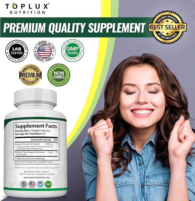 Citrus Bergamot Supplement 1500mg - 25:1 Bergamot Extract to Support Overall Health, Immune System, Potent Antioxidant High Absorption Natural Vegan Non-GMO for Men Women, 90 Capsules