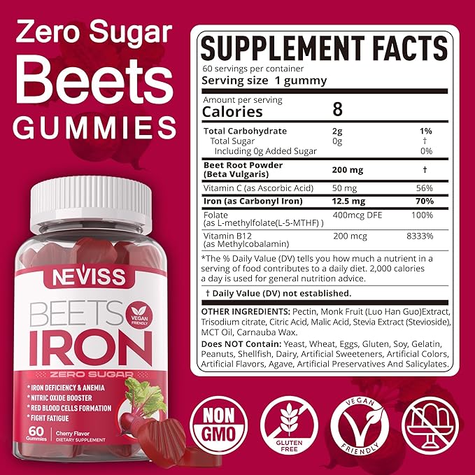 Beet Root Gummies with Iron, Methyl B12, Folate, Vitamin C - Increase Nitric Oxide & Iron Levels, Energy Support, Fight Fatigue, Beetroot & Gentle Iron Supplement, Sugar Free, 60 Counts