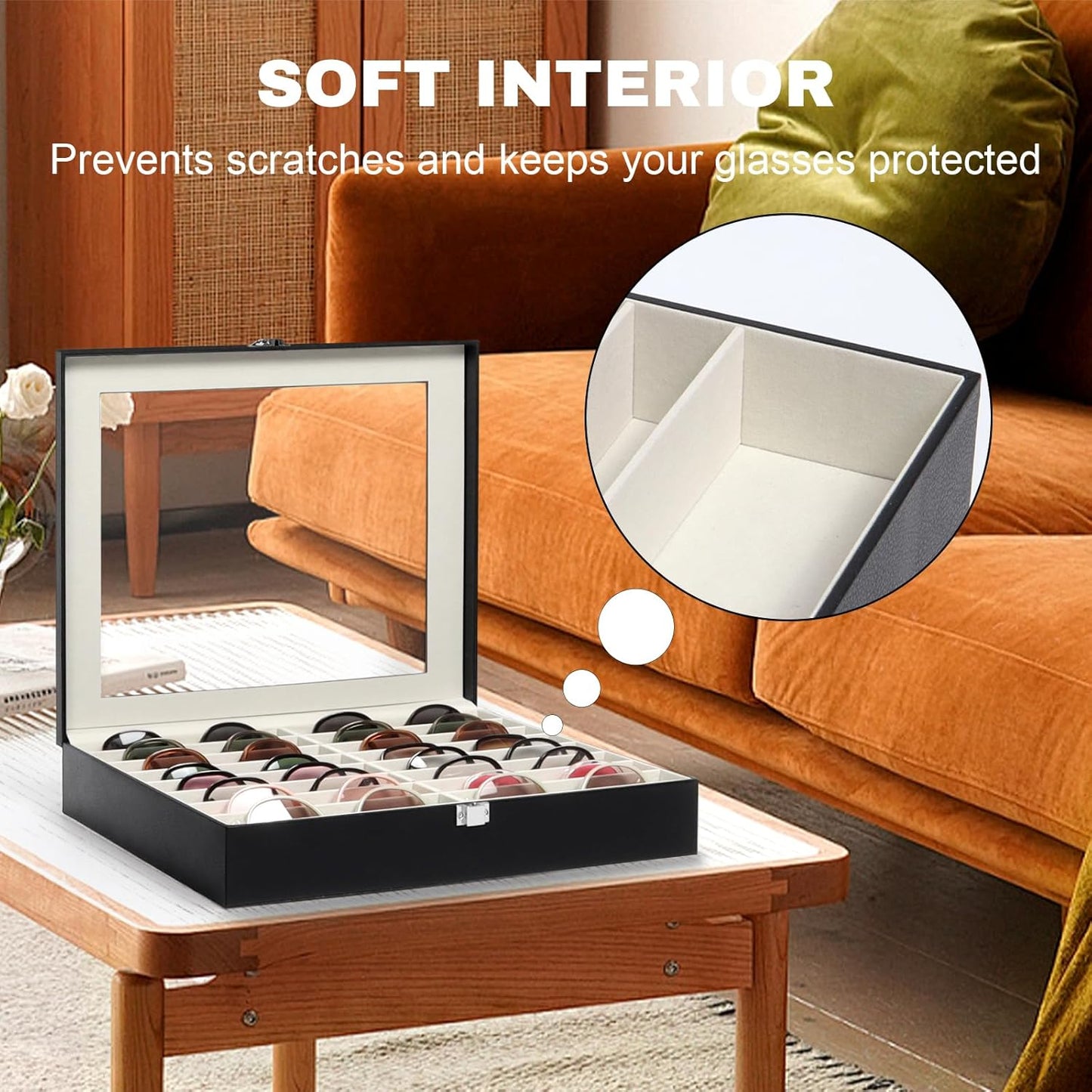 Sunglasses Organizer Case with Adjustable Slots, Eyeglasses Display with Lid, Eyewear Storage Box for Large Glasses