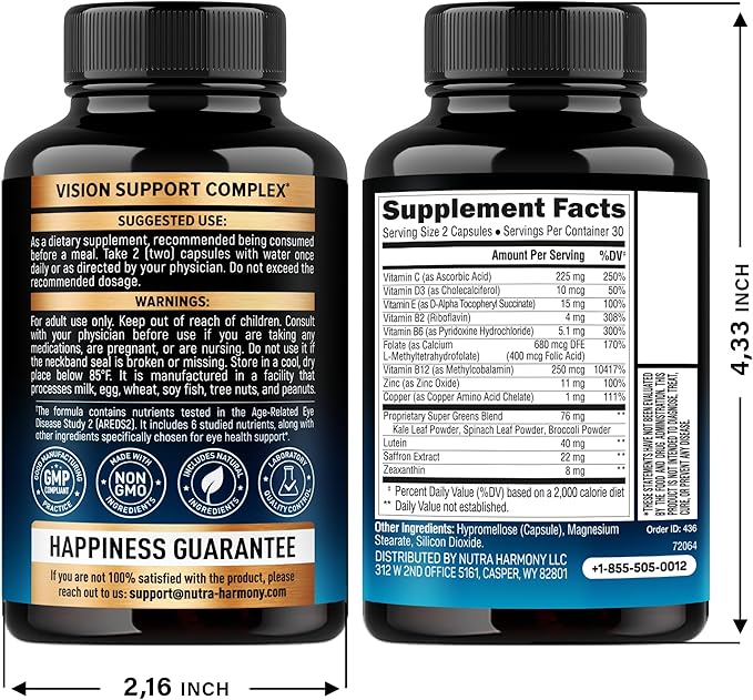 Eye Vitamins - Lutein and Zeaxanthin Supplements - AREDS2 Based Supplement for Seniors & Adults - Eye Health & Vision Support - Saffron, Zinc, Vitamins, Copper, Super Greens - Made in USA, 60 Capsules
