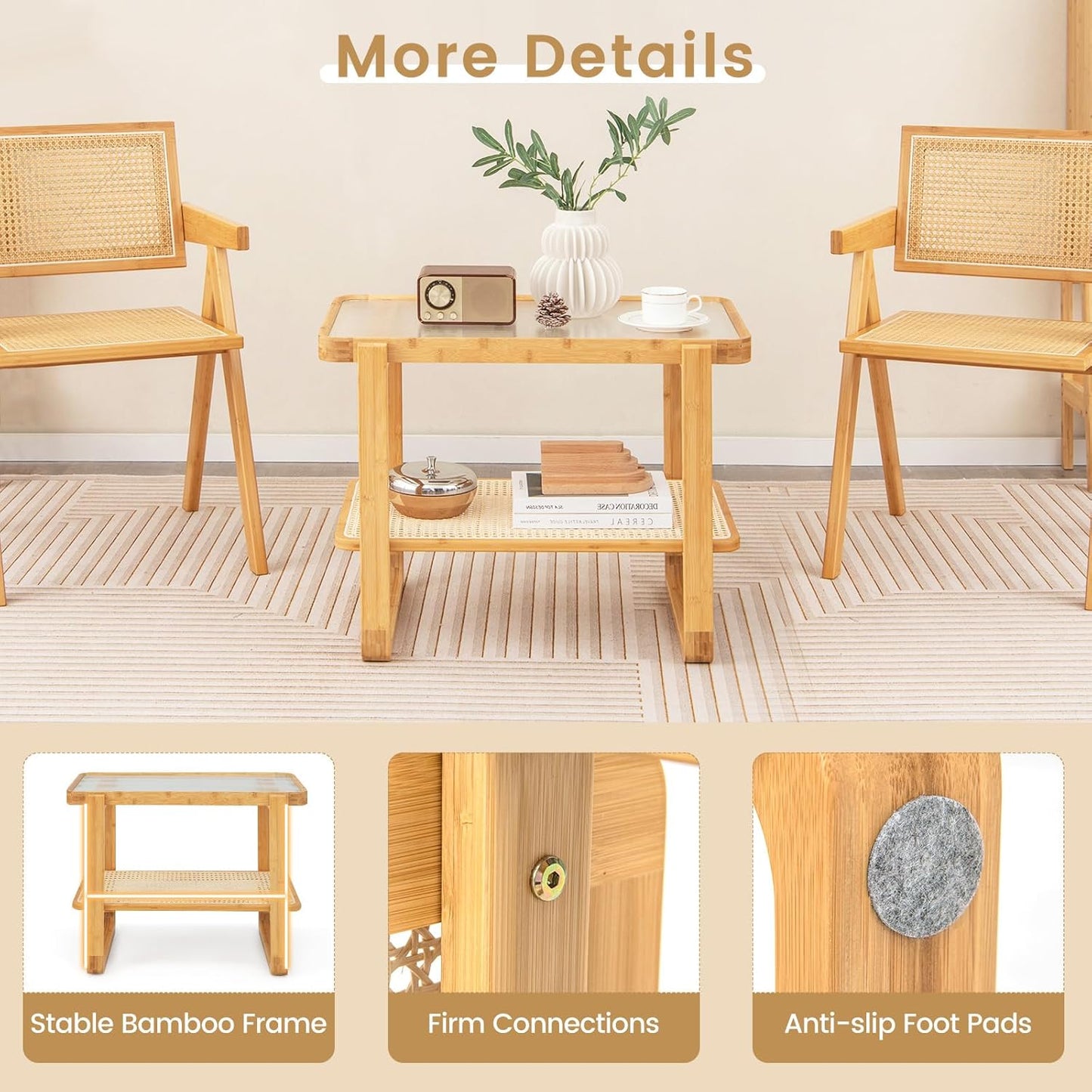 GOFLAME Bamboo Side Table with Glass Top, 2-Tier End Table with PE Rattan Storage Shelf, Home Sofa Side Table, Nightstand Bedside Table, Compact Coffee Table, Accent Table for Bedroom Living Room