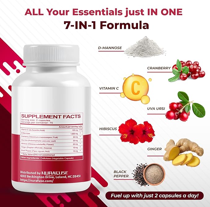 D-Mannose with Cranberry, Uva Ursi, Hibiscus, Ginger, Black Pepper - Supports Urinary Tract Health, Bladder Cleanse - Made and Tested in The USA