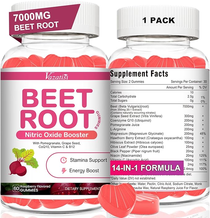 Beet Root Gummies 7000MG – Nitric Oxide Beetroot Gummies with Coq 10, Grape Seed, Pomegranate for Circulation & Energy Support – Vegan, Non-GMO, 60 Beet Chews