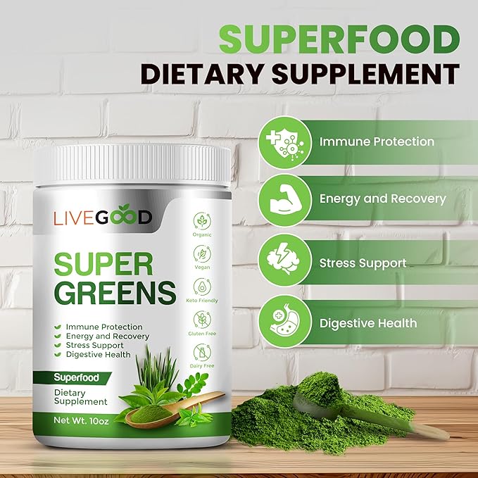 LiveGood Super Greens Powder Organic Superfood with Wheat Grass Powder, Daily Superfood Powder for Immune Support, Energy and Detox, Green Juice Powder Supplement (30 Servings), 12.38 Oz