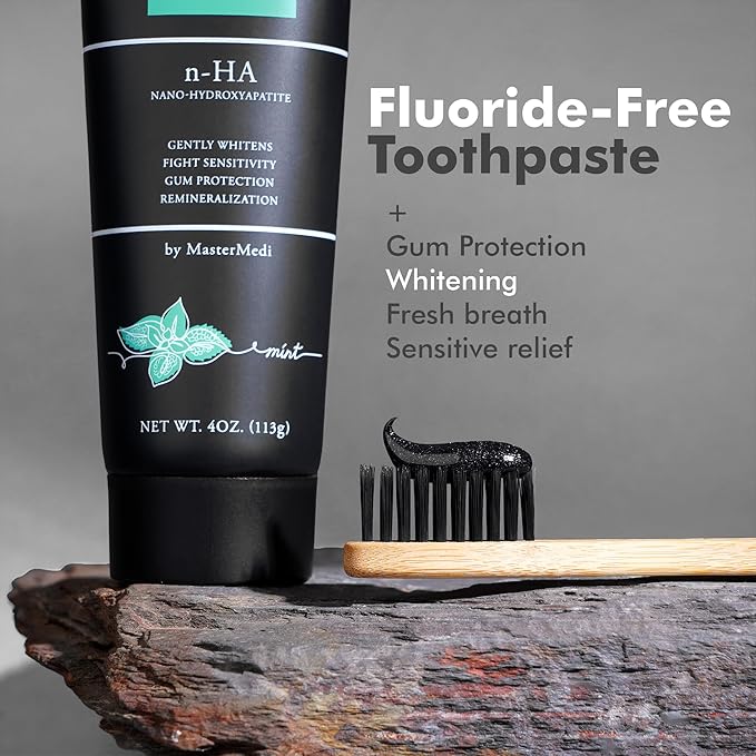 MasterMedi Charcoal Toothpaste with Nano Hydroxyapatite – Fluoride Free, SLS Free, Sensitive Whitening, Enamel Support, Spearmint Flavor, Dentist Recommended, 4 oz (Pack of 2)
