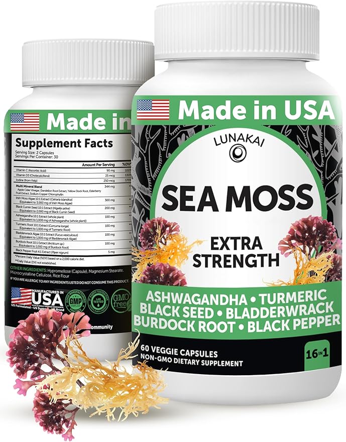 Lunakai USA Made Irish Sea Moss Capsules with Black Seed Oil, Ashwagandha, Burdock Root & Bladderwrack, 60ct