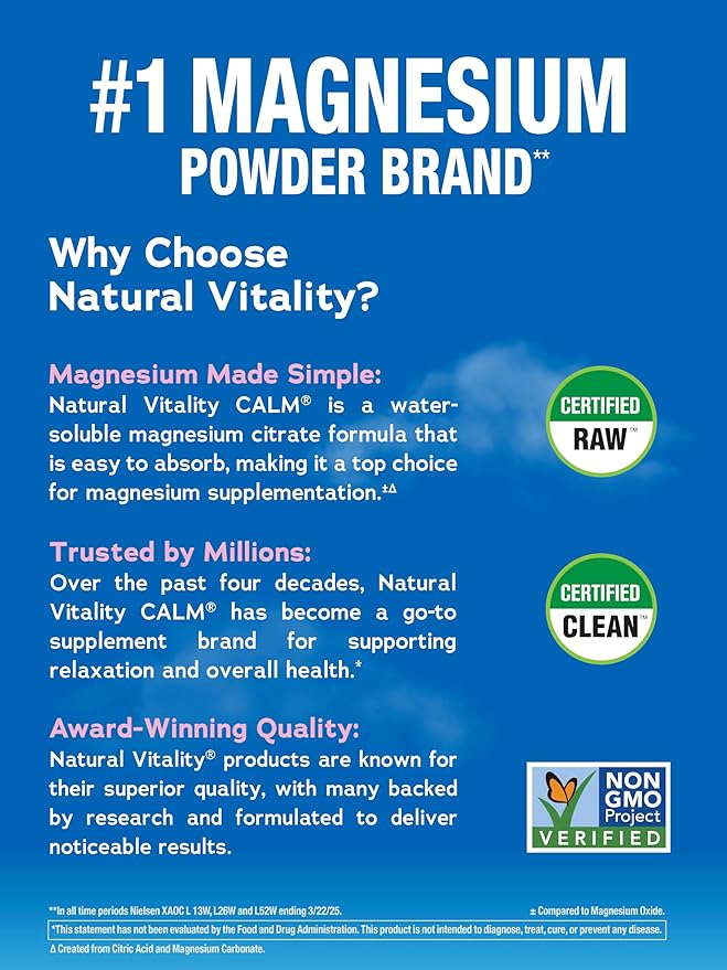 Natural Vitality Calm, Magnesium Citrate Supplement, Anti-Stress Drink Mix Powder - Gluten Free, Vegan, & Non-GMO, Raspberry Lemon, 0.12 oz, 30 Packets