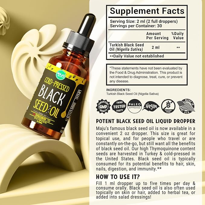 Maju Superfoods Black Seed Oil - 3 Times TQ, Cold-Pressed, Travel Size, 100% Turkish Black Cumin Seed Oil, Liquid Pure Blackseed, Glass Bottle, 2 Oz