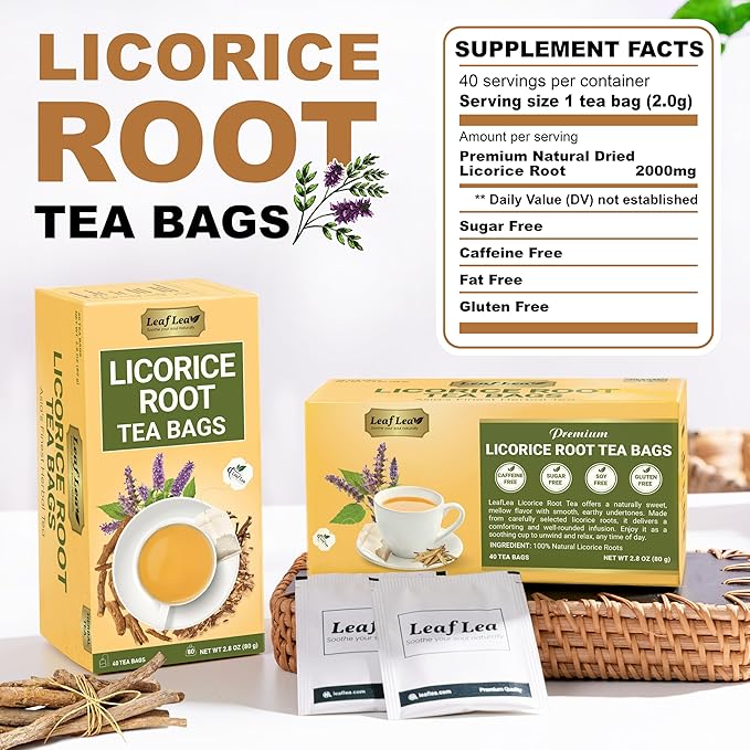 LeafLea 40 Premium Licorice Root Tea Bags, 100% Pure Licorice Spice Tea, Herbal Infusion to Digestive Comfort & Promote Respiratory Health, Te De Regaliz, Caffeine-Free, Sugar-Free, Soothing Flavor