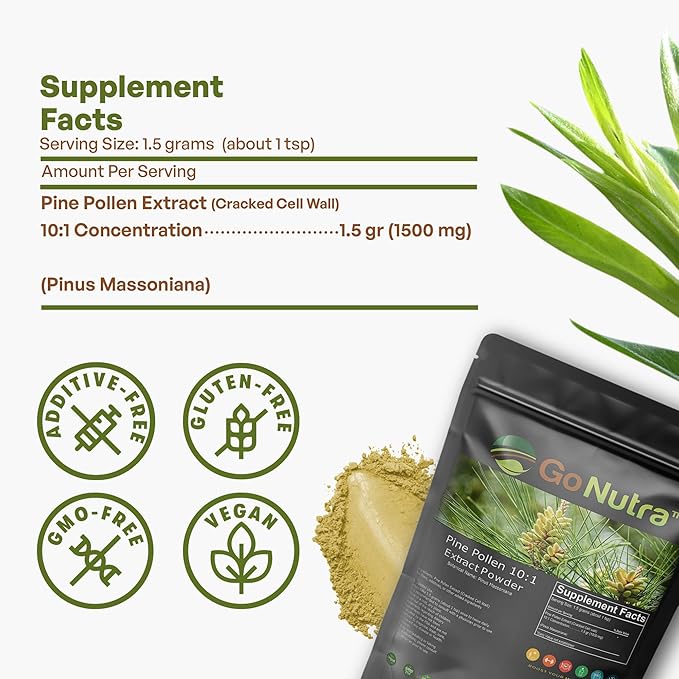 Go Nutra - Pine Pollen Powder, Potent 10:1 Pine Pollen Powder from Masson Pine Trees, Pure Powdered Pine Pollen for Tea, Coffee, Juice, Smoothies, and More, Non-GMO, Vegan, 8 oz